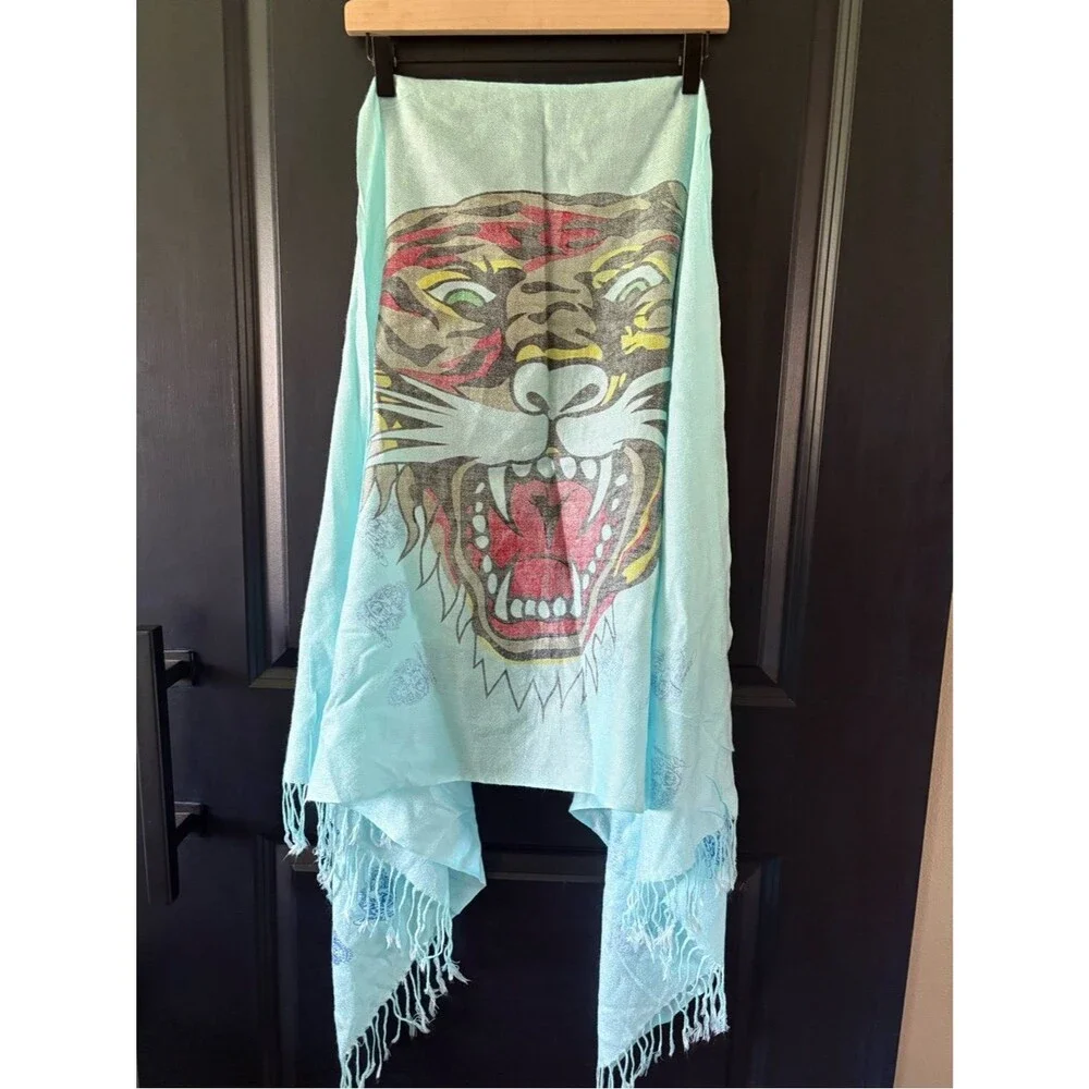 *Rare Ed Hardy Scarf Y2K Vintage Lightweight Cotton Teal Tiger Long 28” x 72”